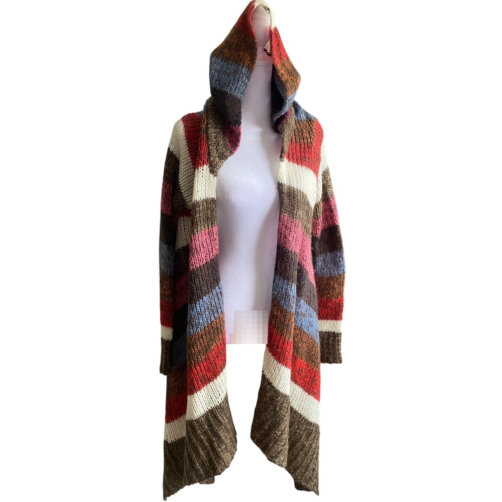 Y2K Hooded Striped‎ Chunky Knit Oversized Cardigan Large Boho 2000s Fairy Grunge